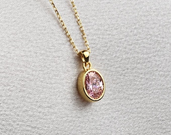 Oval Pink Tourmaline 14K Solid Gold Bezel Necklace, October Birthstone Pendant