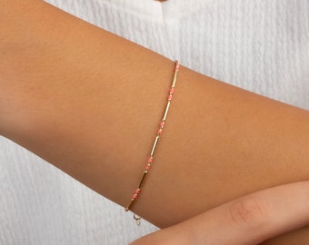 Enameled Beaded Bar Bracelet 14K Solid Gold Sterling Silver, Pink Tourmaline October Birthstone Jewelry