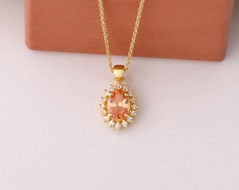 Citrine Necklace, 14K Solid Gold Oval Pendant with Real Diamond Halo, November Birthstone