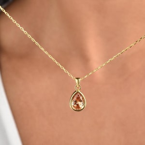 Drop 14K Solid Gold Citrine Bezel Necklace, November Birthstone Pendant
