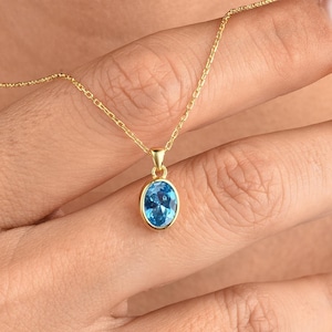 Oval Cut 14K Solid Gold Blue Topaz Necklace - December Birthstone Pendant