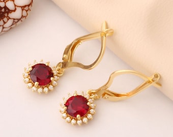 Round Ruby Dangle Earrings with Real Diamond Halo, 14K Solid Gold July Birthstone Jewelry