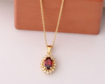 Garnet Oval Pendant Necklace, 14K Solid Gold Real Diamond Halo, January Birthstone Pendant