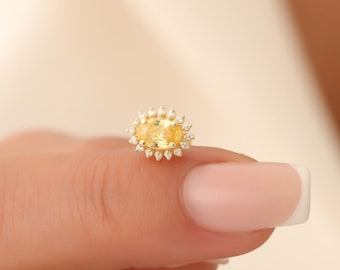 Stud Oval Yellow Topaz Earrings, 14K Solid Gold Real Dimonds Halo Jewelry