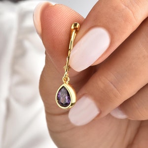 14K 10K 8K Solid Gold Amethyst Bezel Setting Drop Dangling Earrings, February Birthstone Jewelry