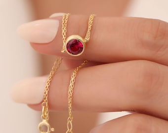 Ruby Bezel Round Bracelet, 14K Solid Gold, July Birthstone Jewelry