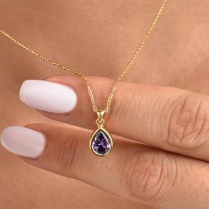 Drop Amethyst 14K Solid Gold Bezel Pendant Necklace, February Birthstone Charm