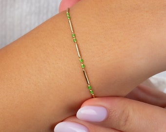 Aquagreen Layered Enameled Bar 14K Solid Gold Sterling Silver, Beaded Bracelet