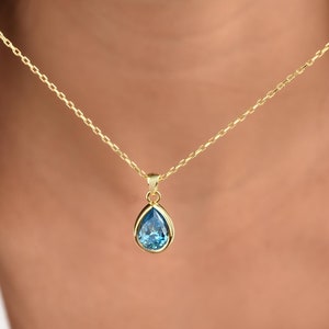 14K Solid Gold Blue Topaz Bezel Setting Necklace - December Birthstone Pendant, Christmas Jewelry