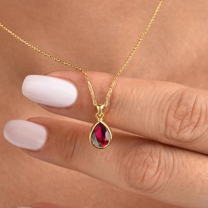 Drop Ruby Bezel Necklace 14K Solid Gold, July Birthstone Ruby Charm Pendant, Birthday and Anniversary Necklace, Perfect Gift for Christmas