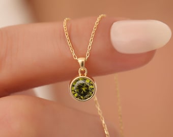 Round Peridot Bezel Necklace 14K Solid Gold, August Birthstone Charm Pendant, Perfect Gift for Christmas, Birthdays and Special Occasions