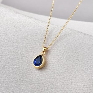 Drop Sapphire Bezel Necklace 14K Solid Gold, September Birthstone Charm Pendant