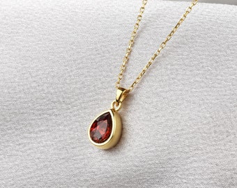 Garnet Drop Bezel Setting Necklace, 14K Solid Gold January Birthstone Pendant