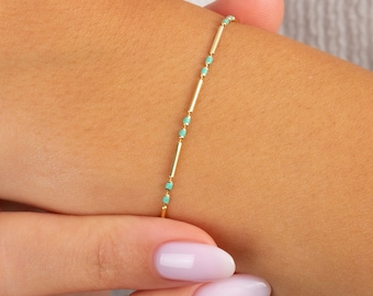 Enameled Beaded Bar Bracelet, Layered Spaced 14K Solid Gold Bracelet, Turquoise Birthstone Jewelry, Elegant Birthday or Christmas Gift