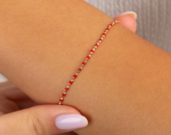 Ruby Enameled Beaded Bracelet 14K Solid Gold , Mini Italian Ball Chain, July Birthstone, Perfect Anniversary or Christmas Gift for Her