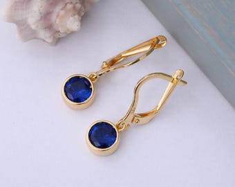 Elegant 14K 10K 8K Solid Gold Bezel Round Sapphire Dangle Earrings, September Birthstone Jewelry