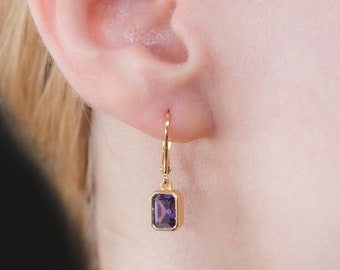 Amethyst 14K 10K 8K Solid Gold Dangling Earrings, Rectangle Baguette Design, February Birthstone Jewelry