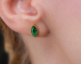 Bezel Marquise Cut Emerald Stud Earrings 14K Solid Gold, May Birthstone, Minimalist Jewelry, Gift for Birthday, Anniversary or Christmas