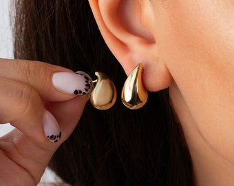 14K Solid Gold Droplet Earrings, Chic Teardrop Design Women Earring