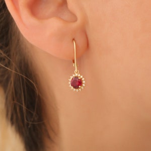14K Solid Gold Ruby Dangle Earrings in Round Shape Surrounded by Real Diamonds, Perfect for Anniversary, Christmas or July Birthstone Gift