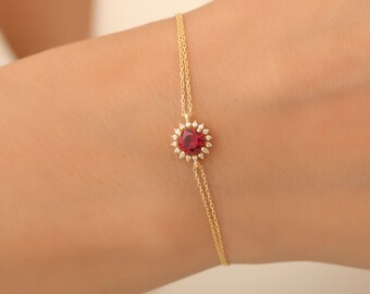 Round Ruby Bracelet, 14K Solid Gold Real Diamond Halo, July Birthstone