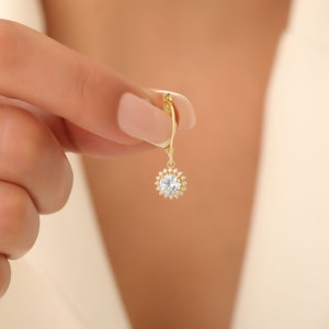 14K Solid Gold Aquamarine Dangle Earrings in Round Shape Surrounded by Real Diamonds, Birthstone Jewelry for March Gifts and Celebrations