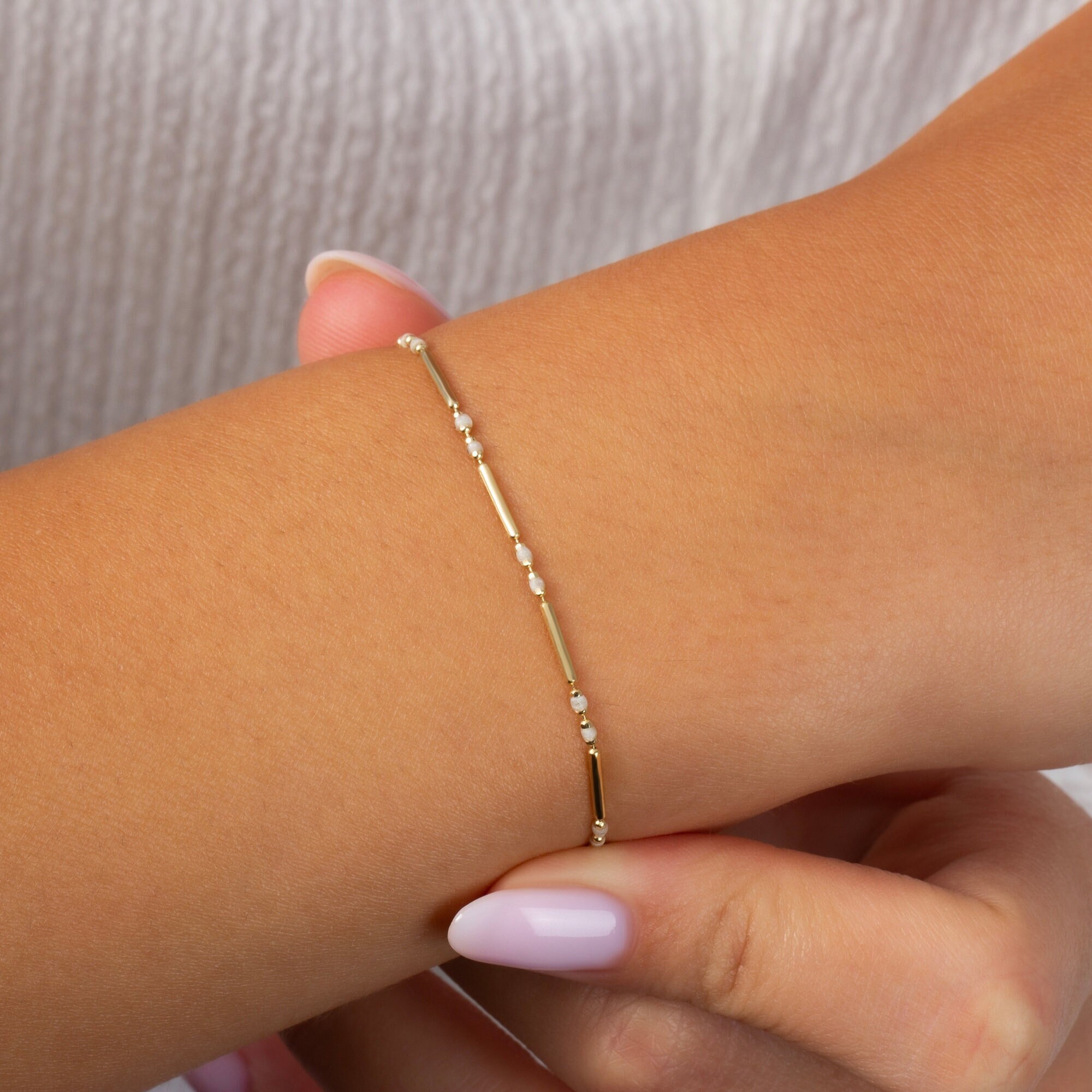 Enameled Beaded Bar Bracelet 14K Solid Gold, White Topaz April Birthstone Jewelry,Layered Spaced Elegant Bracelet,Birthday or Christmas Gift