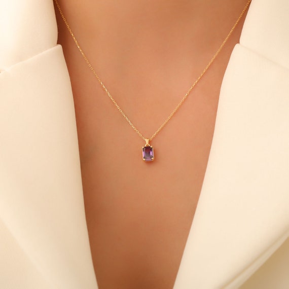 14K Solid Gold Rectangle Amethyst Necklace, February Birthstone Pendant,  Minimalist Jewelry, Gift for Birthday, Christmas, or Mother's Day - Etsy