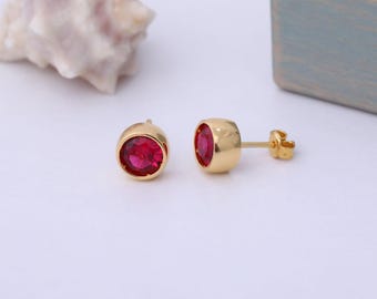 Round Ruby Bezel Stud Earrings in 14K Solid Gold, July Birthstone Charm, Perfect Gift for Christmas, Mother&#39;s Day and Special Occasions