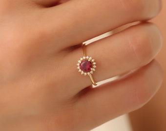 Ruby Ring Round Real Diamond,14K or 10K or 8K Solid Gold July Birthstone