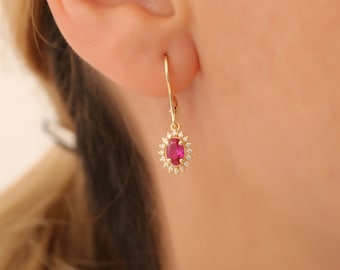 Oval Ruby Earrings, 14K 10K 8K Solid Gold Real Diamond Halo, July Birthstone