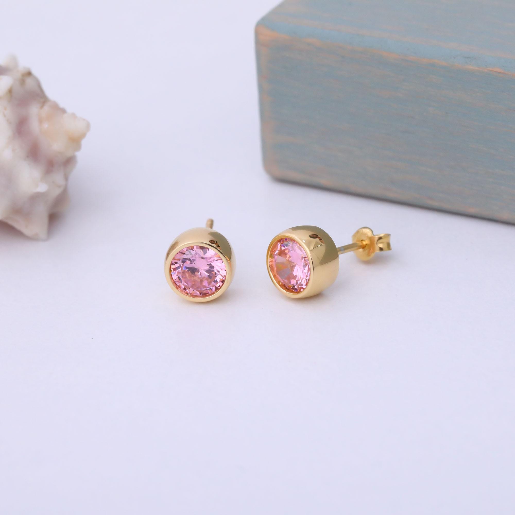 Round Pink Tourmaline Bezel Stud Earrings 14K Solid Gold, October Birthstone Charm, Gift for Christmas, Mother's Day and Special Occasions