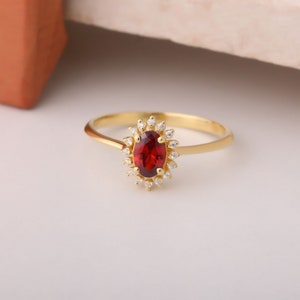 14K or 10K or 8K Solid Gold Garnet Oval Ring Real Diamond, January Birthstone