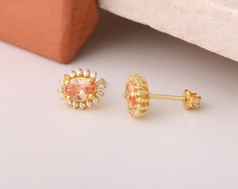 Oval Citrine Real Diamond Stud Earring, 14K Solid Gold November Birthstone Jewelry