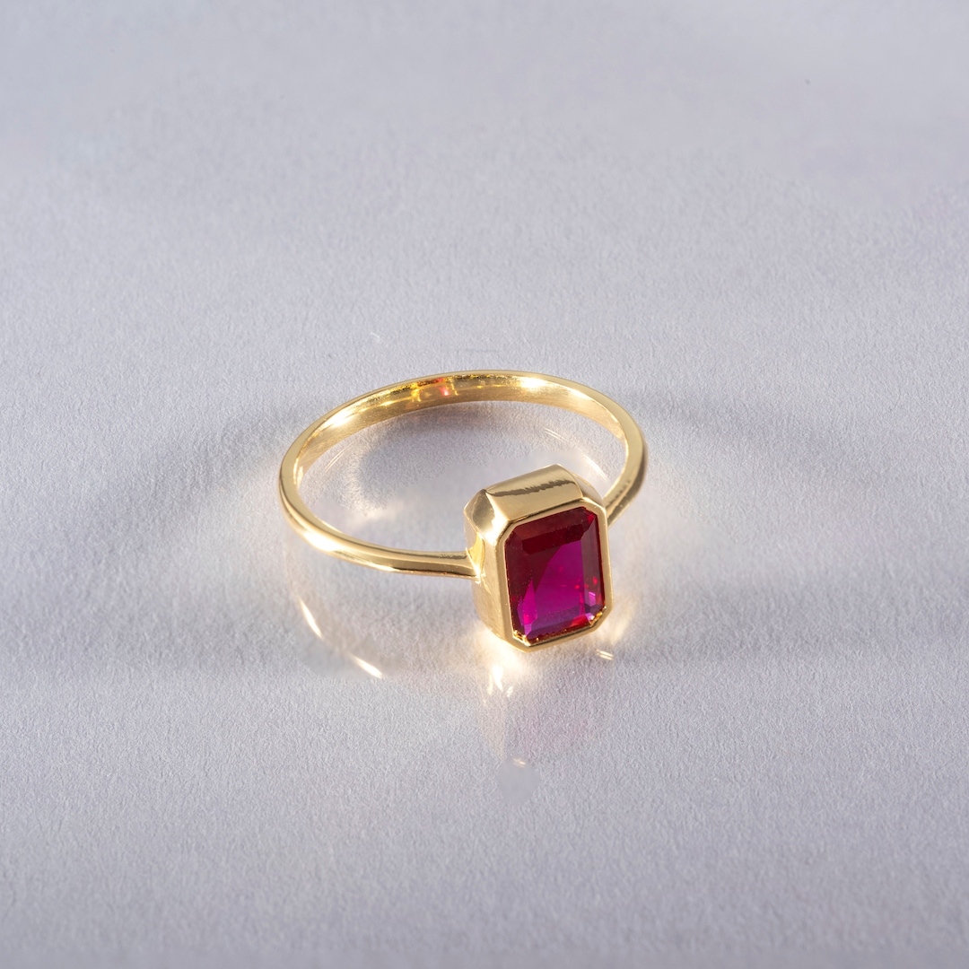 Rectangle Ruby Ring Baguette,14k or 10K or 8K Solid Gold, July ...