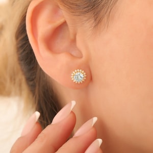 14K Solid Gold Aquamarine Stud Earrings in Round Shape Surrounded by Real Diamonds, Birthstone Jewelry for March Gifts and Celebrations