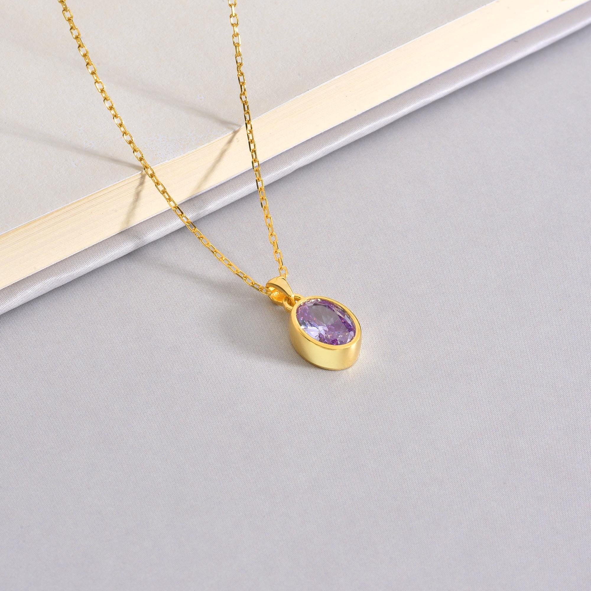 Oval Alexandrite Bezel Necklace 14K Solid Gold, June Birthstone Charm Pendant, Perfect Gift for Christmas, Birthdays and Special Occasions