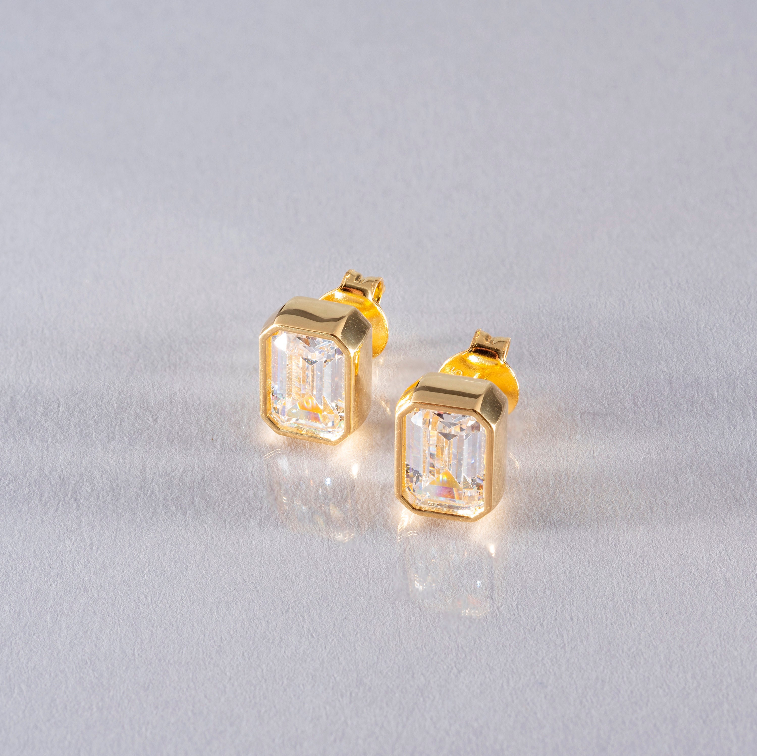 White Topaz Rectangle Stud 14K Solid Gold Earrings, Wedding Jewelry, Christmas Gift, April Birthstone Earrings, Baguette Design