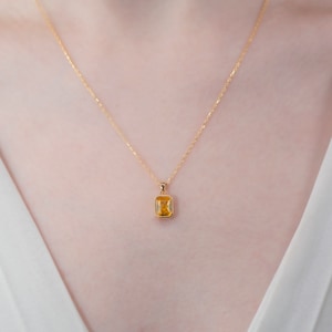 Gele topaas rechthoekige hanger ketting, 14K massief gouden handgemaakte baguette sieraden