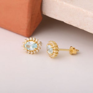 Stud Earring Oval Aquamarine, Real Diamond 14K Solid Gold for Birthstone March, Perfect Gift for Birthdays, Anniversaries or Christmas