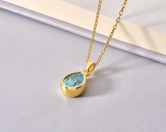 Drop Aquamarine Bezel Necklace 14K Solid Gold, March Birthstone Charm Pendant, Perfect Gift for Christmas, Birthdays and Special Occasions