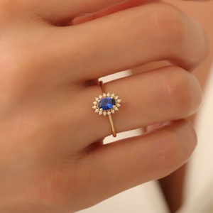 Elegant Sapphire 14K Solid Gold Oval Ring with Real Diamond Halo, Christmas or Birthday Gift, September Birthstone Ring
