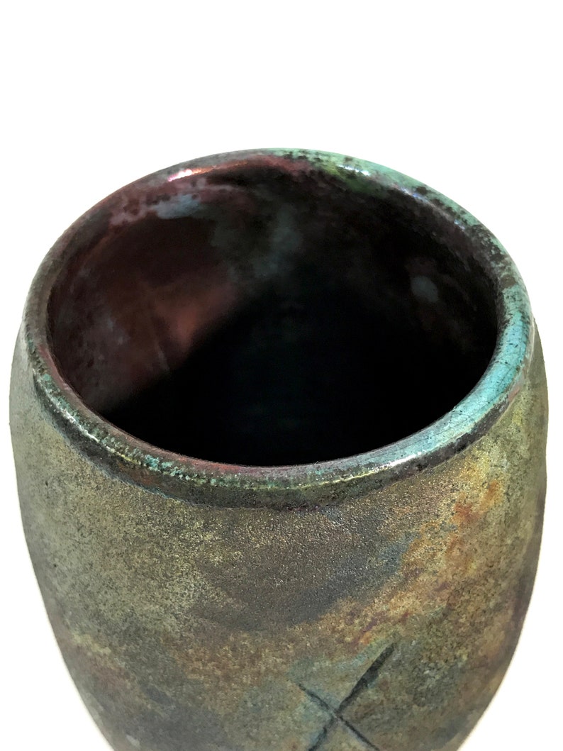 Small raku X vase at 6 tall x 3.5 wide is alive with colors and textures image 6