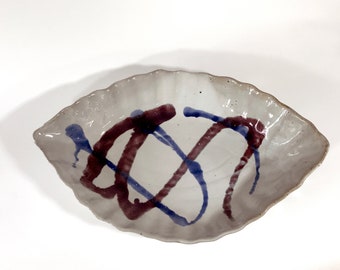 Large boat serving dish with blue and red decor. 14 1/2" x 9" x 2 1/2" stoneware.