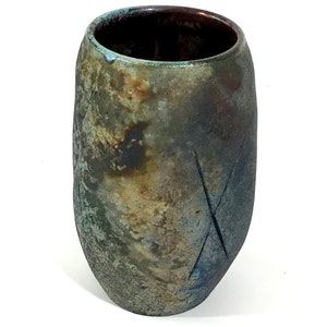 Small raku X vase at 6 tall x 3.5 wide is alive with colors and textures image 1