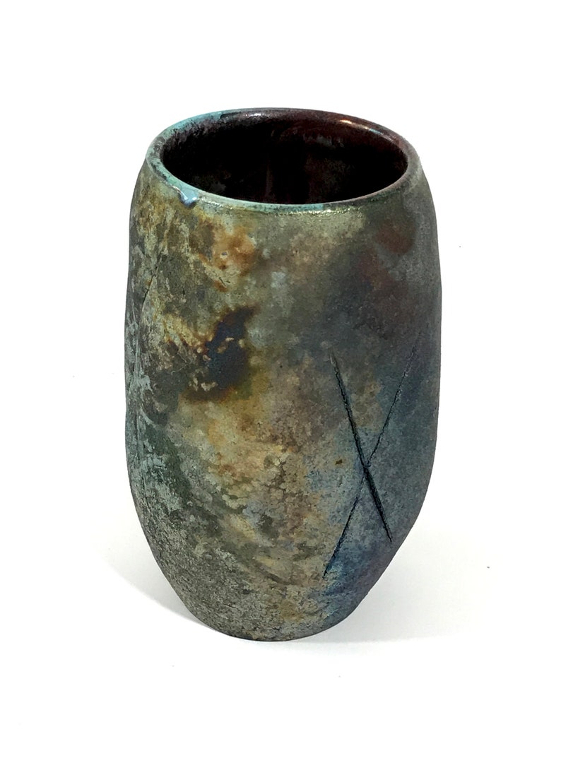 Small raku X vase at 6 tall x 3.5 wide is alive with colors and textures image 1