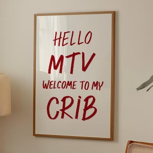 Ciao MTV, benvenuto nella mia culla, stampa divertente da parete, stampa artistica rossa alla moda, poster di tipografia moderna, decorazione per la stanza, download digitale