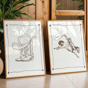 Western Cowboy Line Art Print, Western Art Prints Vintage Cowboy Boots Art Wild West, Vintage Horse Sketch, Western Decor, Digital Download