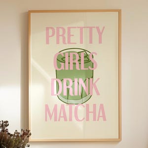 Chicas guapas beben matcha, póster de arte de matcha, bonito arte de pared de matcha, póster de cafetería, decoración de cocina de moda, descarga digital