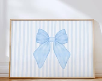 Estampa com laço azul, arte de parede Coquette, decoração preppy para a geração Grandmillennial, pôster feminino para dormitório, download digital horizontal